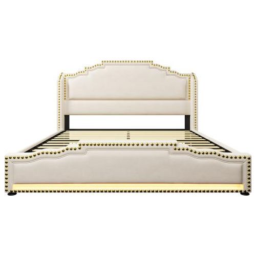 Polsterbett 160x200cm Ohne Matratze Doppelbett Beige Samt Mit 4 Schubladen LED Beleuchtung USB-C Ladeanschluss Stauraumbett Jugendbett