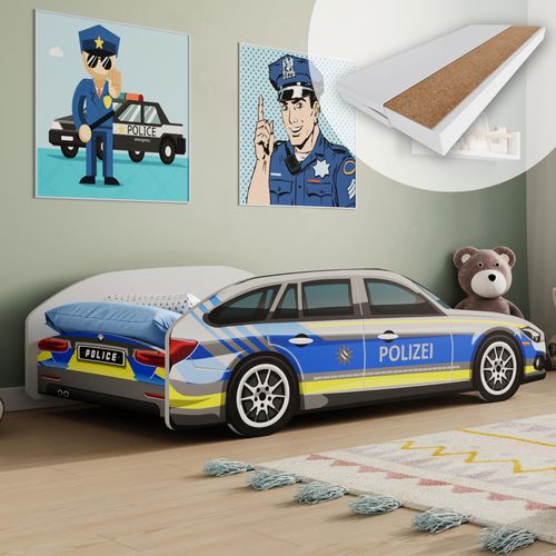 Autobett Kinderbett Jugendbett 70x140 | 80x160 mit Rausfallschutz & Matratze | 70x140 cm Polizei Polizeiauto Polizist Kinder Spielbett