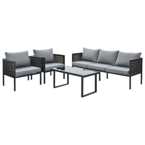 Gartenlounge-Set Grau Schwarz Gartenmoebel Set Mit Bequemen Kissen 3er Sofa 2 Sessel Couchtisch Outdoor Glastischplatte Gewebtes PE-Rattan Verzinkter