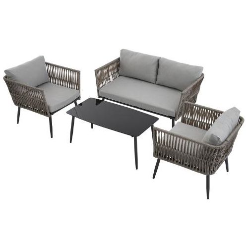 Gartenlounge-Set Grau Gartenmoebel-Set Mit Bequemen Kissen 2-Sitzer-Sofa 2 Sessel Couchtisch Geflochtenes PE-Seil Wassergrasimitat Schwarze
