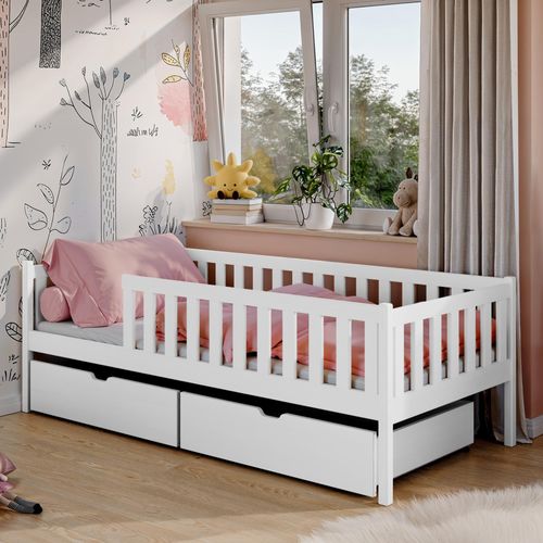 Kinderbett mit zwei Schubladen, Rausfallschutz und Lattenrost, Kinder Bett | Sicher & stabil | weitere Größen 80x160, 80x180, 90x200 cm | 90x190cm: von 4. bis 13. Lebensjahr, Weiß