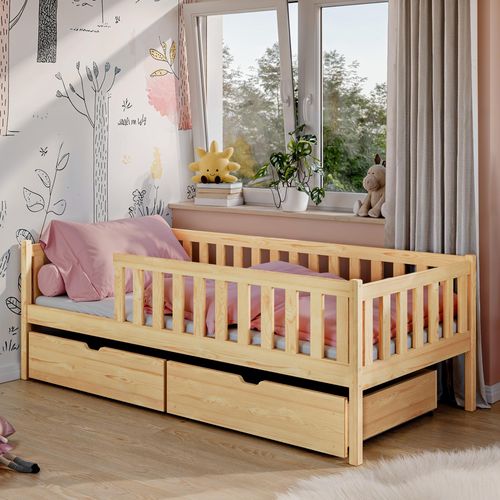Kinderbett 90x200 mit zwei Schubladen, Rausfallschutz und Lattenrost, Kinder Bett | Sicher & stabil | weitere Größen 80x160, 80x180, 90x190 cm | 90x200 cm: von 4. bis 18. Lebensjahr, Natur