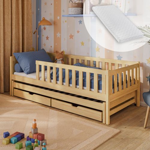 Kinderbett 90x200 mit Ausziehbett und zwei Schubladen, Rausfallschutz, Lattenrost und Matratze, Kinder Bett | weitere Größen: 80x160, 80x180, 90x190cm | 90x200cm: von 4. bis 18. Lebensjahr, Natur