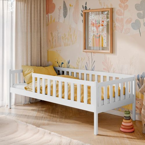 Kinderbett mit Rausfallschutz, Lattenrost und optionaler Matratze, Kinder Bett | sicher & stabil | weitere Größen: 80x160, 80x180, 90x200 cm | 90x190 cm von 4. bis 13. Lebensjahr, weiß