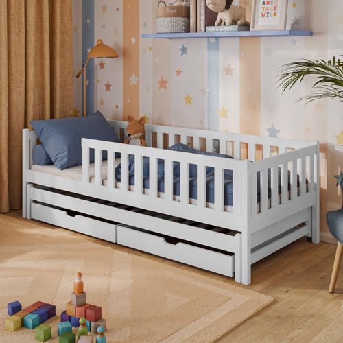 Kinderbett 90x200 mit Ausziehbett und zwei Schubladen, Rausfallschutz und Lattenrost, Kinder Bett | weitere Größen: 80x160, 80x180, 90x190cm | 90x200cm: von 4. bis 18. Lebensjahr, Weiß