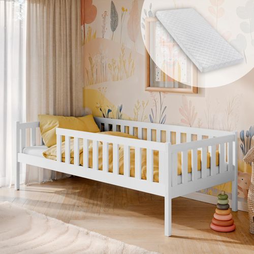 Kinderbett mit Rausfallschutz, Lattenrost und Matratze, Kinder Bett | sicher & stabil | weitere Größen: 80x160, 90x190, 90x200 cm | 80x180 cm von 3. bis 12. Lebensjahr, weiß