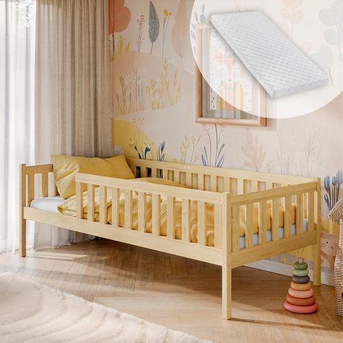 Kinderbett mit Rausfallschutz, Lattenrost und Matratze, Kinder Bett | sicher & stabil | weitere Größen: 80x160, 80x180, 90x200 cm | 90x190 cm von 4. bis 13. Lebensjahr, Natur