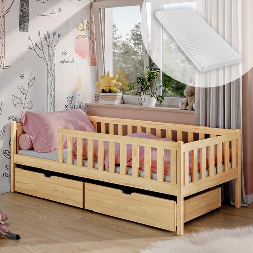 Kinderbett mit zwei Schubladen, Rausfallschutz, Lattenrost und Matratze, Kinder Bett | Sicher & stabil | weitere Größen 80x180, 90x190, 90x200 cm | 80x160 cm: von 3. bis 10. Lebensjahr, Natur