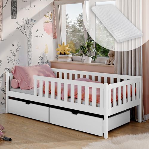 Kinderbett mit zwei Schubladen, Rausfallschutz, Lattenrost und Matratze, Kinder Bett | Sicher & stabil | weitere Größen 80x180, 90x190, 90x200 cm | 80x160 cm: von 3. bis 10. Lebensjahr, Weiß