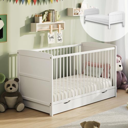 Babybett 70x140 umbaubar mit Schublade, Gitterbett, Kinderbett, höhenverstellbar & herausnehmbare Sprossen optional mit Matratze | weitere Größen: 60x120cm | 70x140cm: von Geburt bis 6. Lebensjahr, Weiß