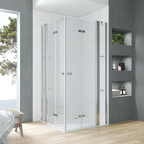 Duschkabine 95x110cm Eckeinstieg aus stabilem ESG Sicherheitsglas Falttür Duschwand Dusche Duschabtrennung Eckdusche Doppeltüren an Festteilen mit Eckablage Höhe 187cm rahmenlos