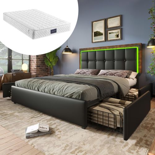 Doppelbett 160x200cm Polsterbett (Mit Matratze) PolyurethanSchwarz Funktionsbett Mit LED-Beleuchtungsleiste und 4 Schubladen Höhenverstellbarem Kopfteil