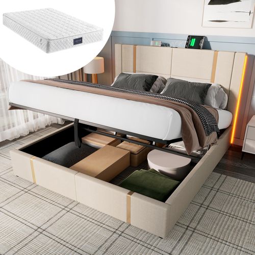 MODFU Boxspringbett Hydraulisches 160 x 200 cm mit LED-Beleuchtung, Polsterbett Funktionelles mit USB Type C-Ladeanschluss, Doppelbett Stauraumbett mit Bettkasten Stauraum, Leinenmaterial Beige(Mit Matratze) Image