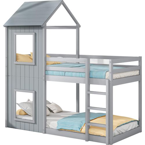 Etagenbett 90*200 cm für Kinder, mit Rutsche und Leiter, mit Leiter und Baldachin, Bett für Jungen- und Mädchenzimmer, Massivholzbett, naturbelassen, grau@#||||||||||||||