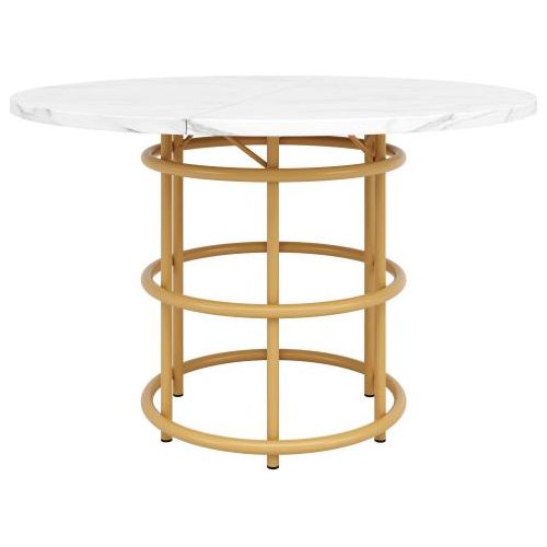 Tisch 100x100x76cm Runder Kein Matratze Marmorierte MDF Tischplatte Metall Ring Tischbeine Gold Beine Fuer 4-6 Personen Esszimmer Wohnzimmer