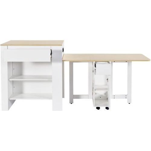 Bartisch 110-124x78x97.5cm Weiss MDF Ausziehbarer 2 Schubladen 2 Seitlichen Tischplatte Ausziehbare Kuecheninsel Esstisch Kochtisch Lagerschrank