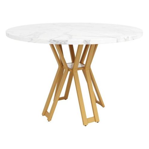 Runder Esstisch 100x100x76cm Kein Matratze Marmorierte MDF Tischplatte Gold Beine Fuer 4-6 Personen Esszimmer Wohnzimmer