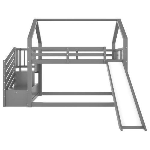 Etagenbett 90x200cm Ohne Matratze Grau Hochbett Mit Stauraumtreppe Und Rutsche Hausbett Mit Gelae nder Fuer Kinder Jugendliche Jugendbett