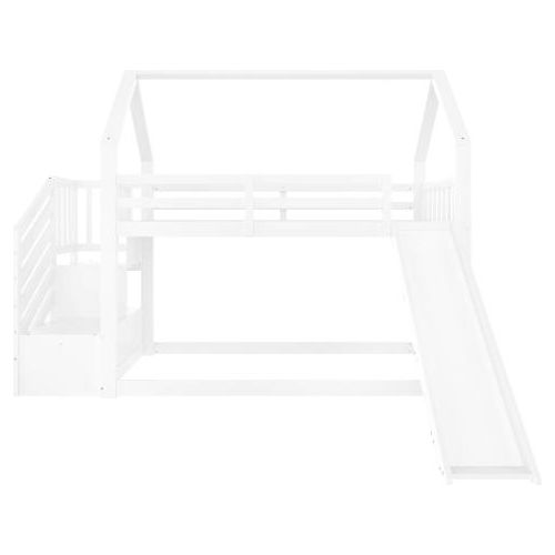 Etagenbett 90x200cm Ohne Matratze Weiss Hochbett Mit Stauraumtreppe Und Rutsche Hausbett Mit Gelae nder Fuer Kinder Jugendliche Jugendbett