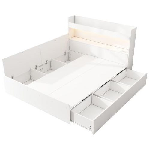 Massivholz Stauraumbett 140x200 cm ohne Matratze Weiß Doppelbett mit Schubladen USB-Steckdose LED Beleuchtung