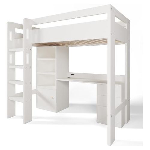 Hochbett 90x200cm Ohne Matratze Weiss Kinderbett USB-C Schreibtisch Kleiderschrank Archivschrank Mit Treppe Lattenrost Aufbewahrungsraum