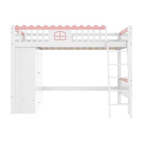 Hochbett 90x200cm Ohne Matratze Kinderbett Weiss Kiefernholz Mit LED-Leuchten Mit Kleiderschrank Mit Ablageschublade Einzelbett