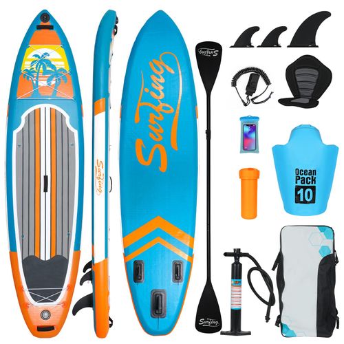 Puluomis SUP Board mit Sitz 335cm, Stand Up Paddle Boards Set, Paddling Paddelboard Surfbrett Aufblasbar, Pumpe Tragetasche, MB. bis 150Kg Orange Blau