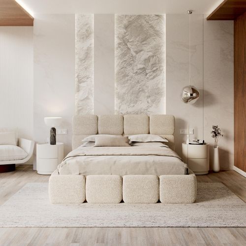 Bett CLOUDY 160x200 cm Polsterbett mit Lattenrost aus Metall Bettkasten cleo creme