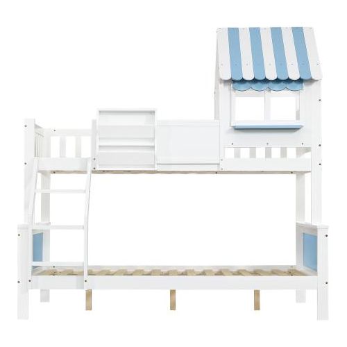 Etagenbett Weiss Blau 90x200cm 120x200cm Ohne Matratze Kinderbett Stauraumkasten Schraegleiter Einzigartige Graffiti-Tafel Seite Kiefer MDF