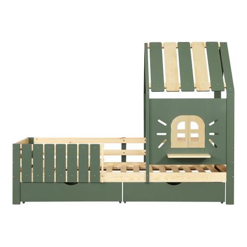 Kinderbett 90x200cm Ohne Matratze Gruen Hausbett Mit Dach Fenster Gruen Natur Kiefer MDF Mit Holzfensterbank Vierseitiger Zaun 2 Schubladen