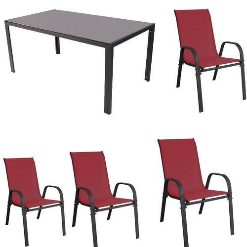 Gartenmöbel Set Metall Tisch 4 Stapelsessel Essgruppe Gartenset Sitzgruppe Stuhl burgundrot