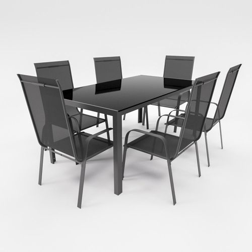 Gartenmöbel Set Metall Tisch 6 Stapelsessel Essgruppe Gartenset Sitzgruppe Stuhl schwarz