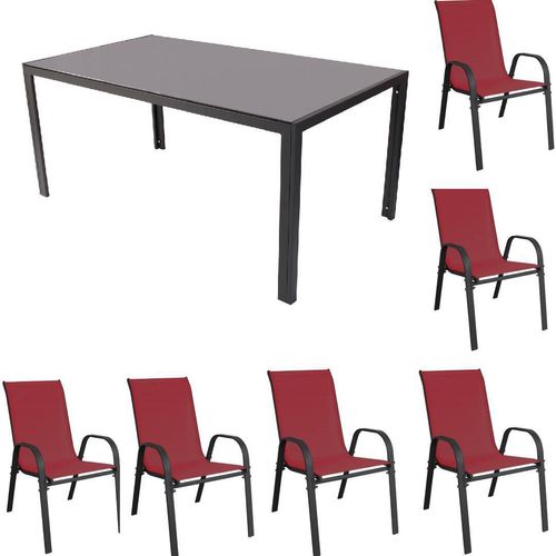 Gartenmöbel Set Metall Tisch 6 Stapelsessel Essgruppe Gartenset Sitzgruppe Stuhl burgundrot