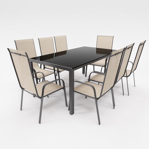 Gartenmöbel Set Metall Tisch 8 Stapelsessel Essgruppe Gartenset Sitzgruppe Stuhl beige