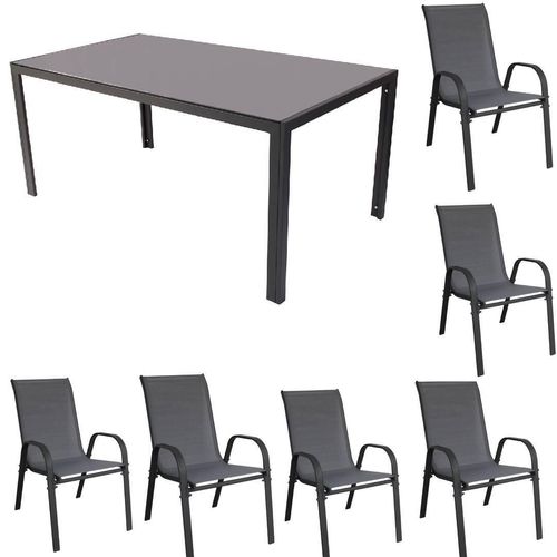 Gartenmöbel Set Metall Tisch 6 Stapelsessel Essgruppe Gartenset Sitzgruppe Stuhl anthrazit