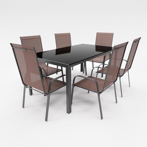 Gartenmöbel Set Metall Tisch 6 Stapelsessel Essgruppe Gartenset Sitzgruppe Stuhl schokobraun