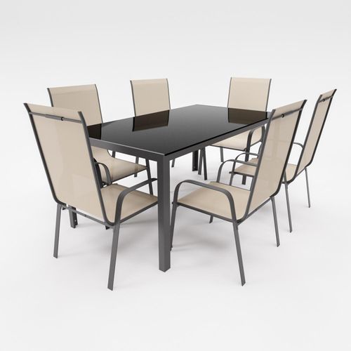 Gartenmöbel Set Metall Tisch 6 Stapelsessel Essgruppe Gartenset Sitzgruppe Stuhl beige