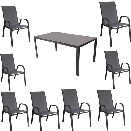 Gartenmöbel Set Metall Tisch 8 Stapelsessel Essgruppe Gartenset Sitzgruppe Stuhl anthrazit