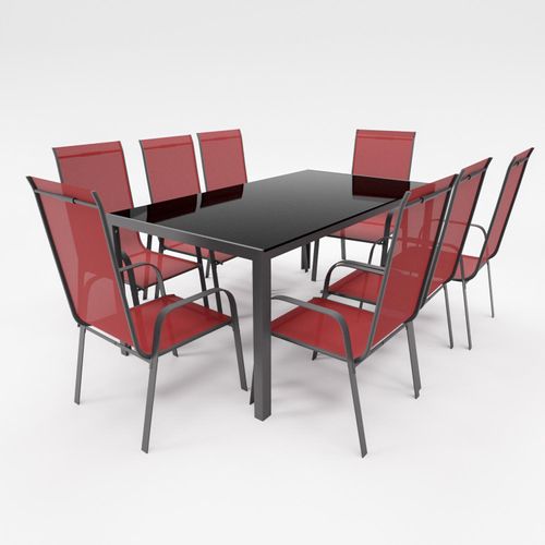 Gartenmöbel Set Metall Tisch 8 Stapelsessel Essgruppe Gartenset Sitzgruppe Stuhl burgundrot