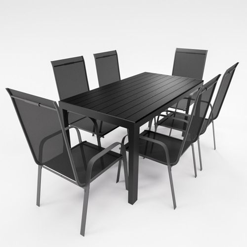 Gartenmöbel Set Alu Tisch 7-tlg. 6x Stapelsessel Essgruppe Gartengruppe Gartenset Sitzgruppe Schwarz