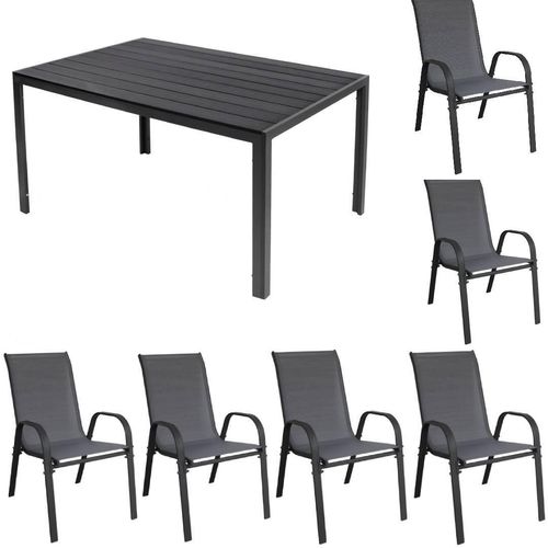 Gartenmöbel Set Alu Tisch 7-tlg. 6x Garten Stapelsessel Essgruppe Gartenset Sitzgruppe anthrazit