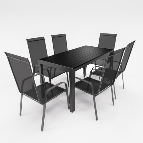 Gartenmöbel Set Alu Tisch 7-tlg. 6x Stapelsessel Essgruppe Sitzgruppe Gartenset schwarz