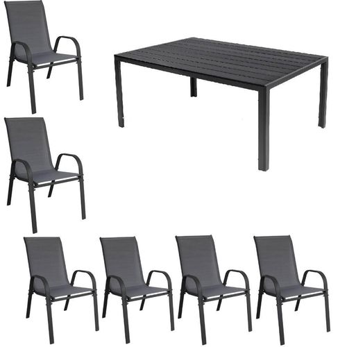 Gartenmöbel Set Alu Tisch 7-tlg. 6x Stapelsessel Essgruppe Sitzgruppe Gartenset anthrazit