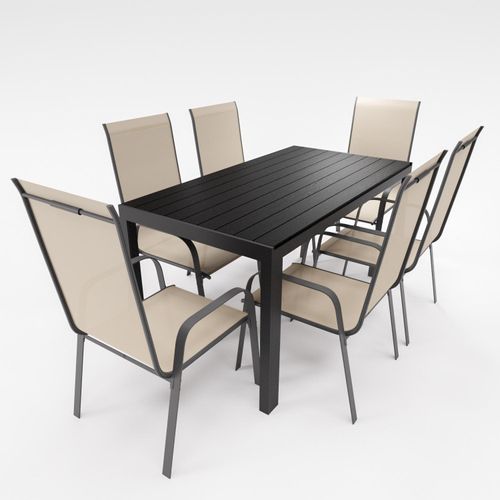 Gartenmöbel Set Alu Tisch 7-tlg. 6x Stapelsessel Gartenset Sitzgruppe Essgruppe beige