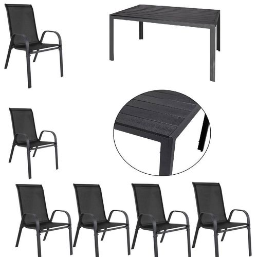 Gartenmöbel Set Alu Tisch 7-tlg. 6x Stapelsessel Gartenset Sitzgruppe Essgruppe schwarz