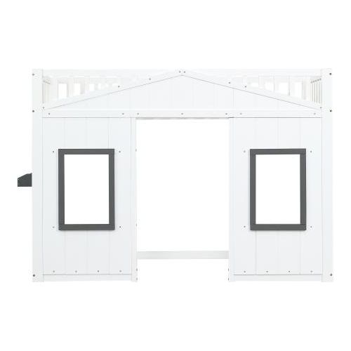 Etagenbett 90x200cm Ohne Matratze Hausbett Weiss Kiefer MDF Mit Treppe Fallschutz Gitter Fenster Frei Gestaltetes Unterbett