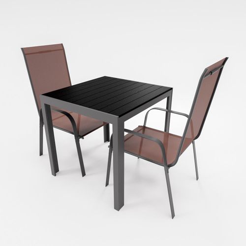 Gartenmöbel Set Alu Tisch 3-tlg. 2x Stapelsessel Essgruppe Gartenset Sitzgruppe schokobraun