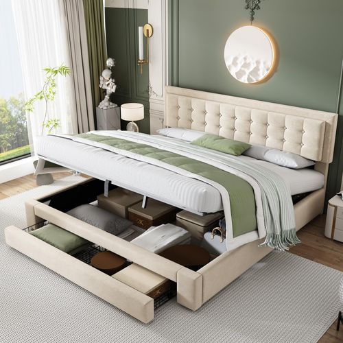 okwish Polsterbett 160*200cm Hydraulisches Doppelbett mit Schubladen und Bettkasten, ohne Matratze- Beige