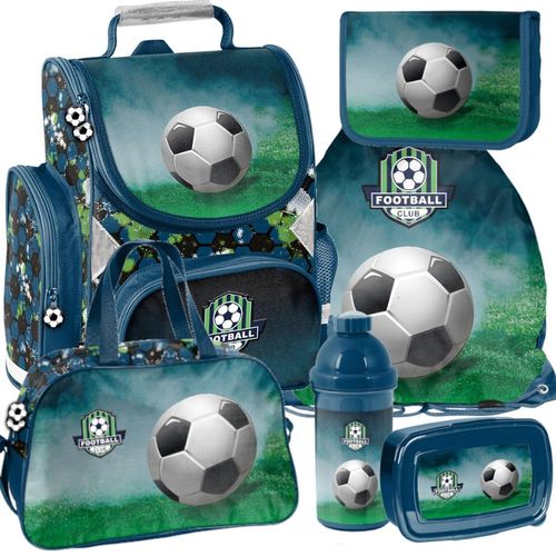 Schulranzen 6-tlg. Set für Mädchen & Jungen FOOTBALL – Paso Ranzen, Mäppchen, Tasche, Flasche, Frühstückstasche