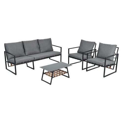 Gartenlounge-Set Gartenmoebel-Set mit bequemen Kissen 3-Sitzer-Sofa 2 Sessel und Couchtisch Gewebte PolyurethanSeil-Rueckenlehne Glastischplatte Grau